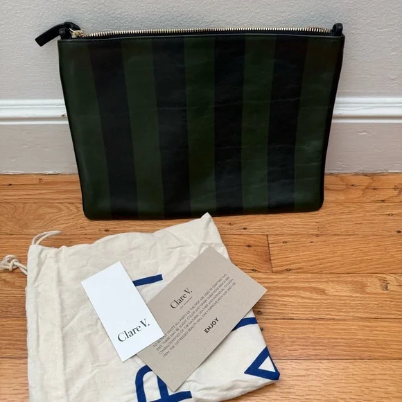 Clare V Green and Black Striped Flat Clutch - Picture 7 of 8
